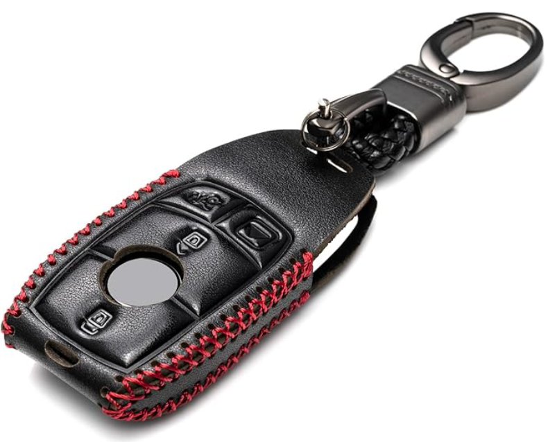 Genuine Leather Key Case (Black & Red or Brown & Gold) + Key Chain - Mercedes-Benz (See 3rd Image for Fit)