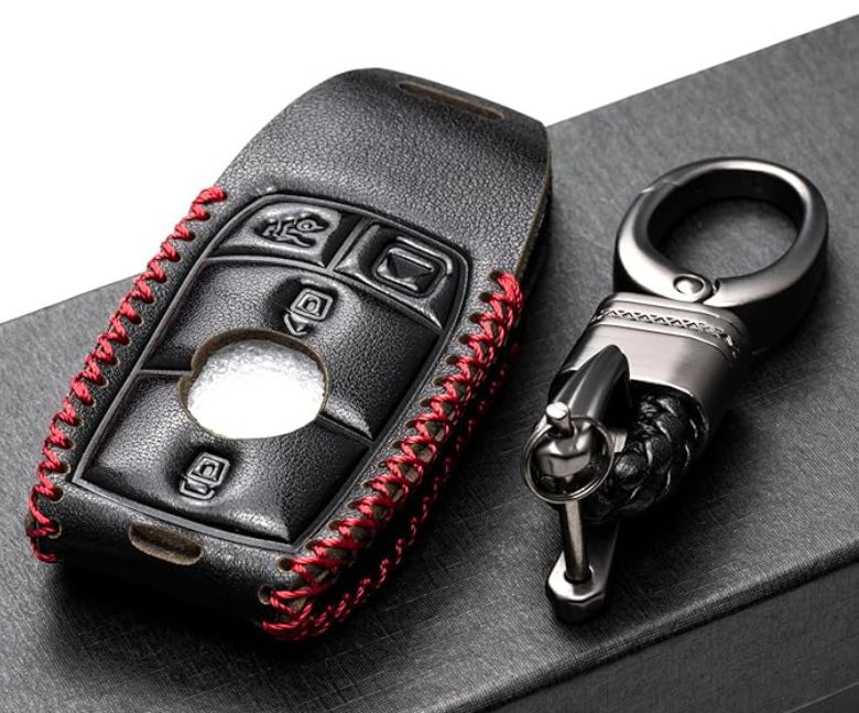 Genuine Leather Key Case (Black & Red or Brown & Gold) + Key Chain - Mercedes-Benz (See 3rd Image for Fit)