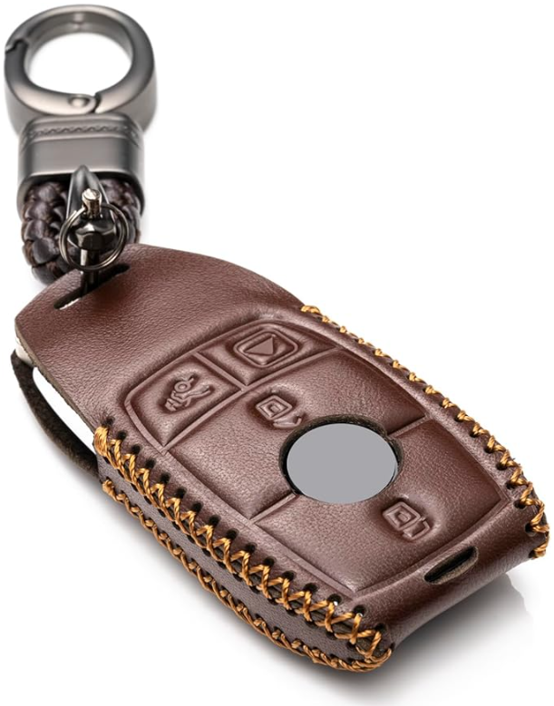 Genuine Leather Key Case (Black & Red or Brown & Gold) + Key Chain - Mercedes-Benz (See 3rd Image for Fit)