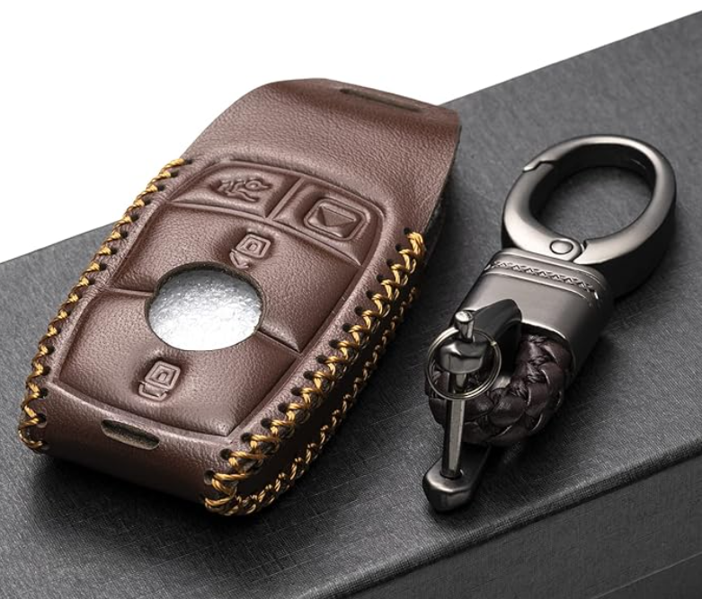 Genuine Leather Key Case (Black & Red or Brown & Gold) + Key Chain - Mercedes-Benz (See 3rd Image for Fit)