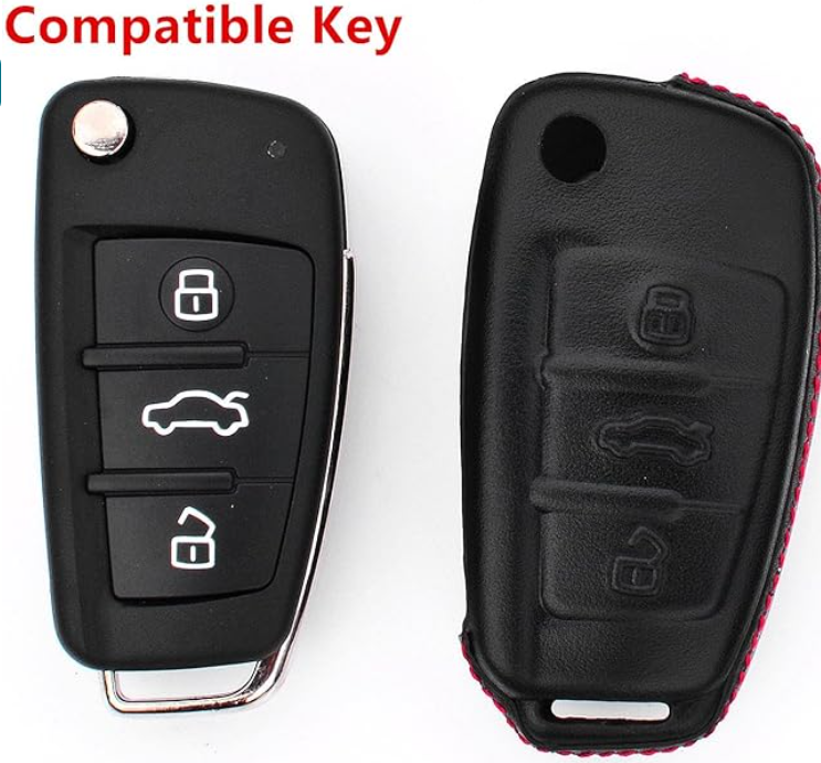 Genuine Leather Key Case (Black & Red) + Key Chain -  Audi (See 3rd Image for Fit)