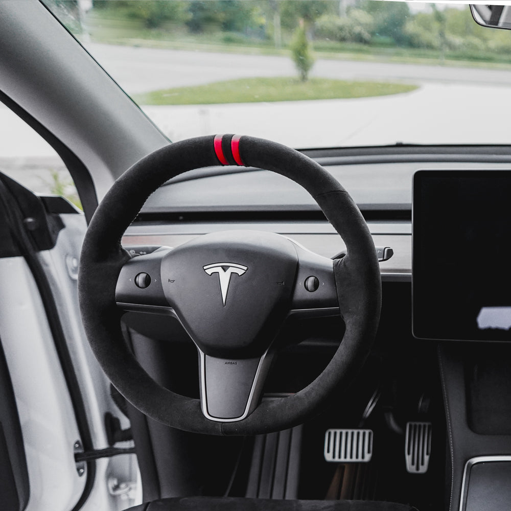 Model Y Steering Wheel Cover – Hand Stitch – Black Suede