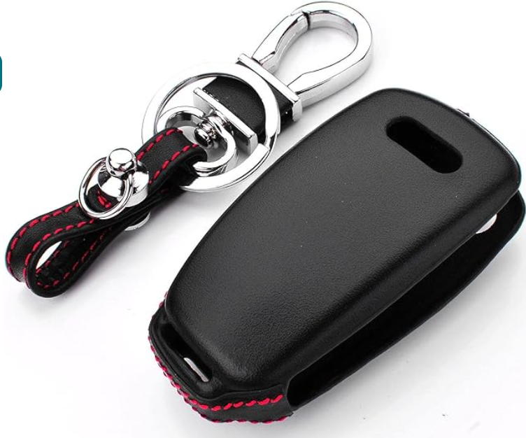 Genuine Leather Key Case (Black & Red) + Key Chain -  Audi (See 3rd Image for Fit)