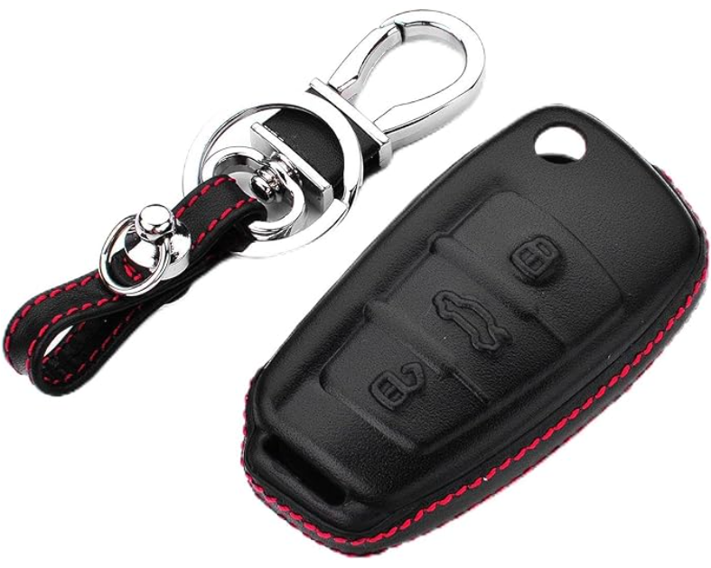 Genuine Leather Key Case (Black & Red) + Key Chain -  Audi (See 3rd Image for Fit)